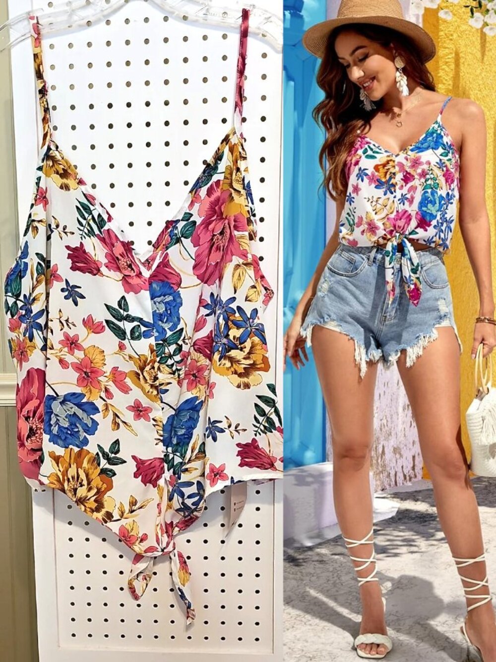 Plus Size 3X Emery Rose Floral Tie-Front Cami Top - Boho Floral on White NWT